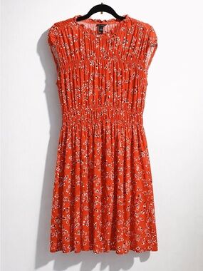 #186 Ann TaylorOrange Floral Sleeveless Smocked-Waist Dress